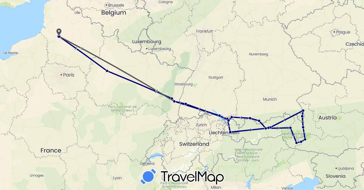 TravelMap itinerary: driving, motorbike in Austria, Germany, France (Europe)
